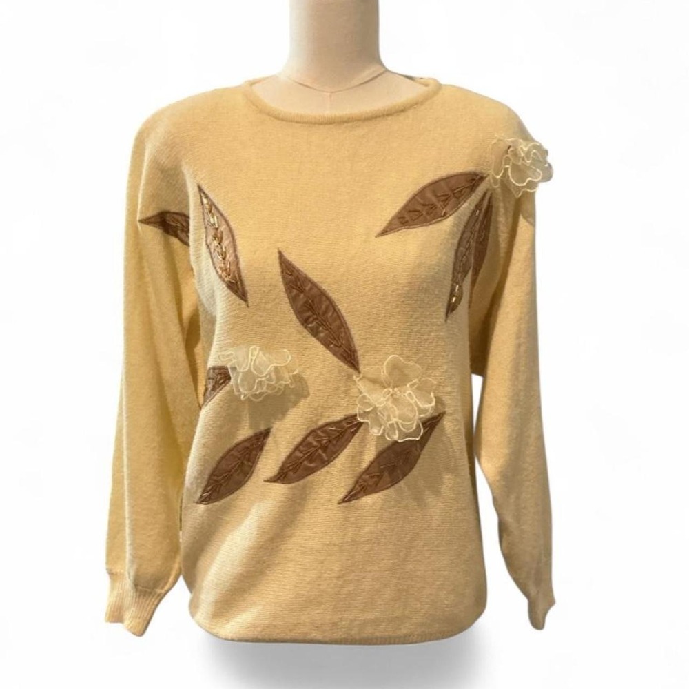 VTG Lindsay Scott Sweater L Cream 80s 3D Floral Beaded Vintage